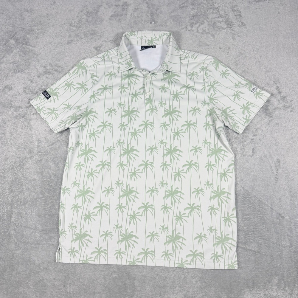Sunday Swagger Mens Medium Polo Shirt Palm Tree Print White Green Stretch Golf